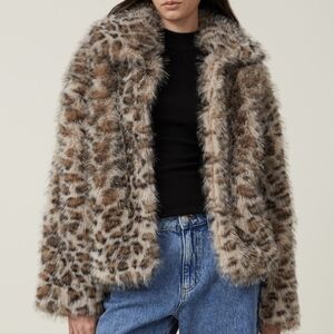 XS-M Faux Fur Animal Leopard Print Fully Lined Coat Jacket, Cotton On NWT
